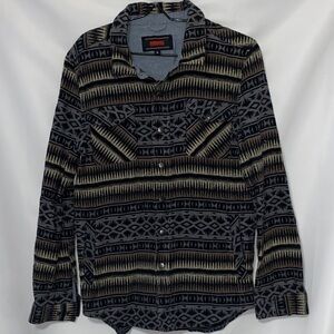 ROCK & ROLL DENIM MENS SIZE MEDIUM FLANNEL AZTEC GEO PRINT METAL BUTTONS POCKETS